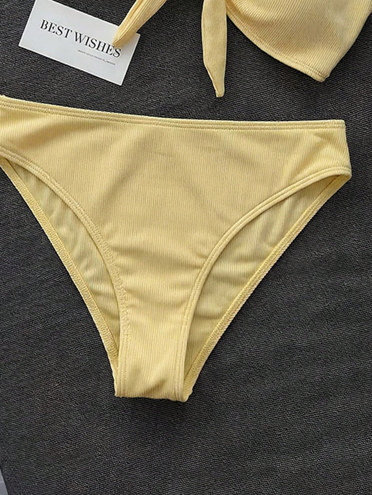 Swim Mod Women's 2-Piece Bikini Swimsuit Set, Double Shoulder Straps, Light Yellow Ribbed Fabric, Two Pieces Swimwear For Beach, Island, Pool Party, Casual Versatile
