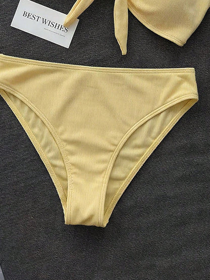 Swim Mod Women's 2-Piece Bikini Swimsuit Set, Double Shoulder Straps, Light Yellow Ribbed Fabric, Two Pieces Swimwear For Beach, Island, Pool Party, Casual Versatile