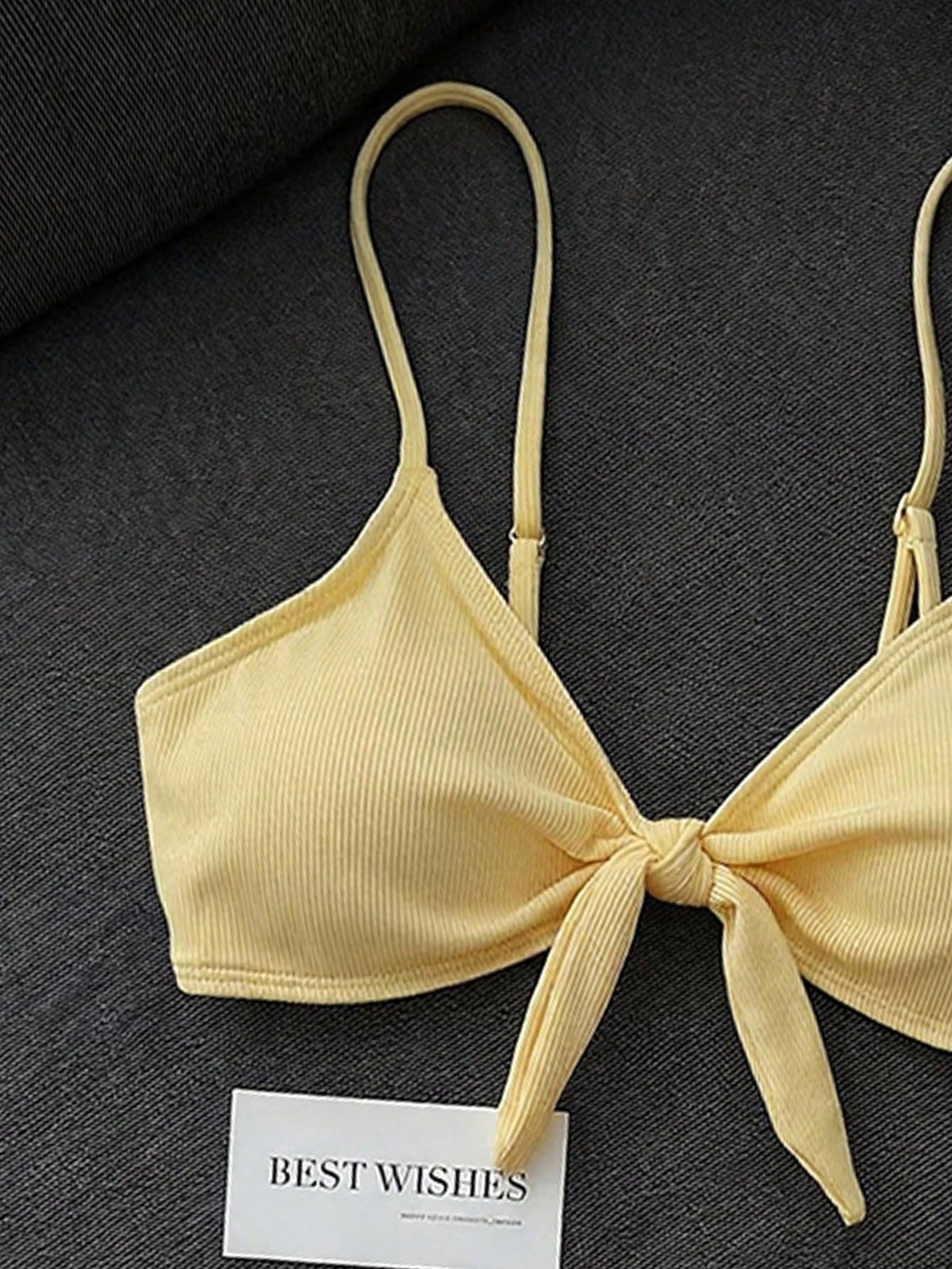 Swim Mod Women's 2-Piece Bikini Swimsuit Set, Double Shoulder Straps, Light Yellow Ribbed Fabric, Two Pieces Swimwear For Beach, Island, Pool Party, Casual Versatile