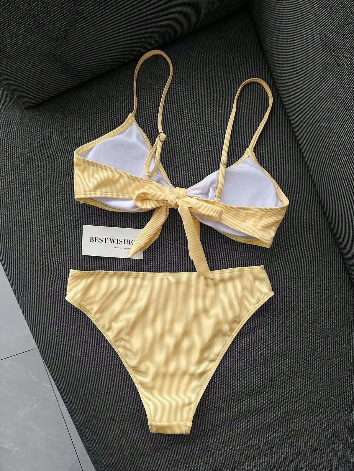 Swim Mod Women's 2-Piece Bikini Swimsuit Set, Double Shoulder Straps, Light Yellow Ribbed Fabric, Two Pieces Swimwear For Beach, Island, Pool Party, Casual Versatile