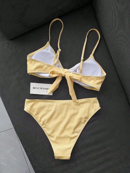 Swim Mod Women's 2-Piece Bikini Swimsuit Set, Double Shoulder Straps, Light Yellow Ribbed Fabric, Two Pieces Swimwear For Beach, Island, Pool Party, Casual Versatile