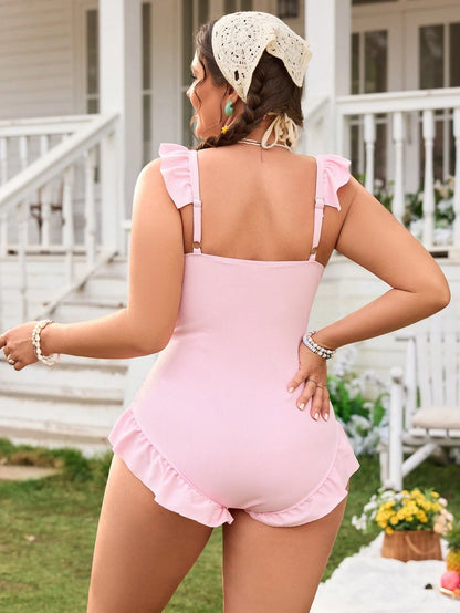 Swim Mod Women's Plus Size Ruffled Hollow Sweetheart Neck One-Piece Swimsuit,Pink Ruffle Bathing Suits,Summer Fairy Beach Wear,Cerise Pink One Piece Swimsuit