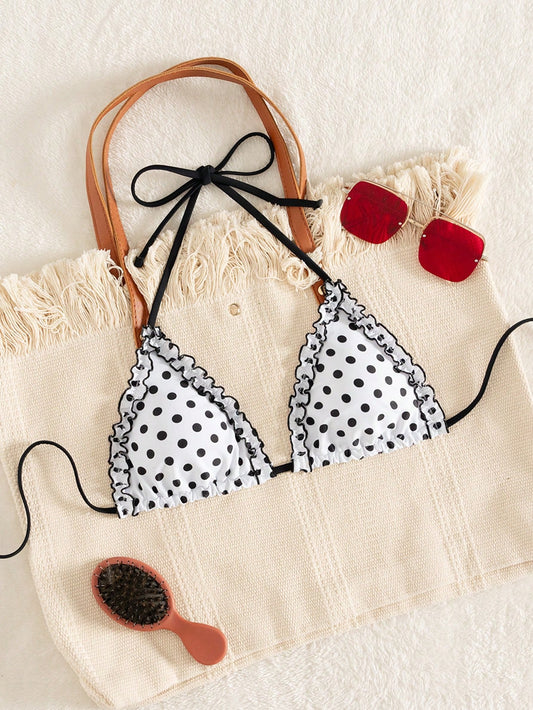 Swim Mod Women's Polka Dot Print Elegant Halter Tie Bikini Top