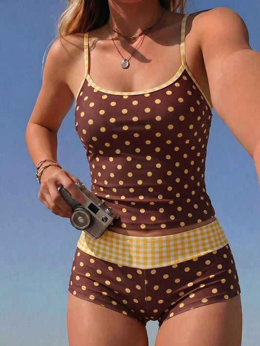 Swim Mod Women's Summer Tropical Brown And Yellow Polka Dot Plaid Print Camisole Tankini 2-Piece Swimsuit Set,Cute Beach Party Holiday Vacation Holiday Pool