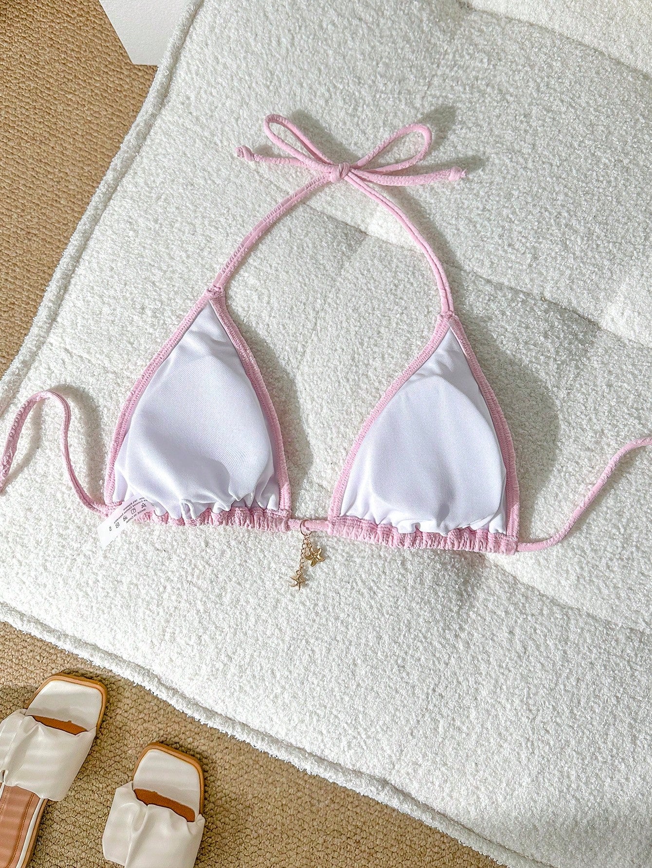 Swim Mod Women Summer Solid Jacquard Metallic Embellished Halter Bikini Top Linen