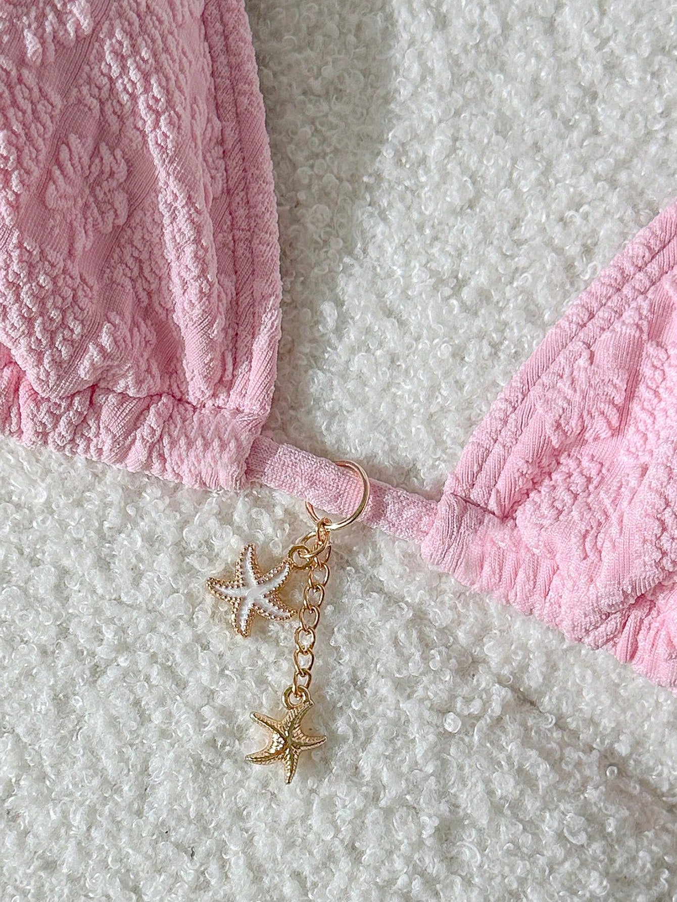Swim Mod Women Summer Solid Jacquard Metallic Embellished Halter Bikini Top Linen
