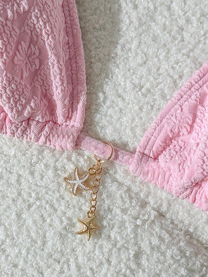 Swim Mod Women Summer Solid Jacquard Metallic Embellished Halter Bikini Top Linen