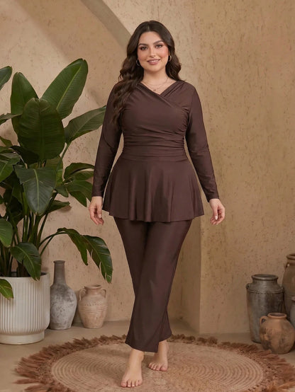Swim Mulvari 2026 Summer Modest Middle Eastern Style 2-Piece Swimsuit,Beach Long Sleeve Detachable Padded Front Pleated Swimskirt & Wide Leg Swimwear Set