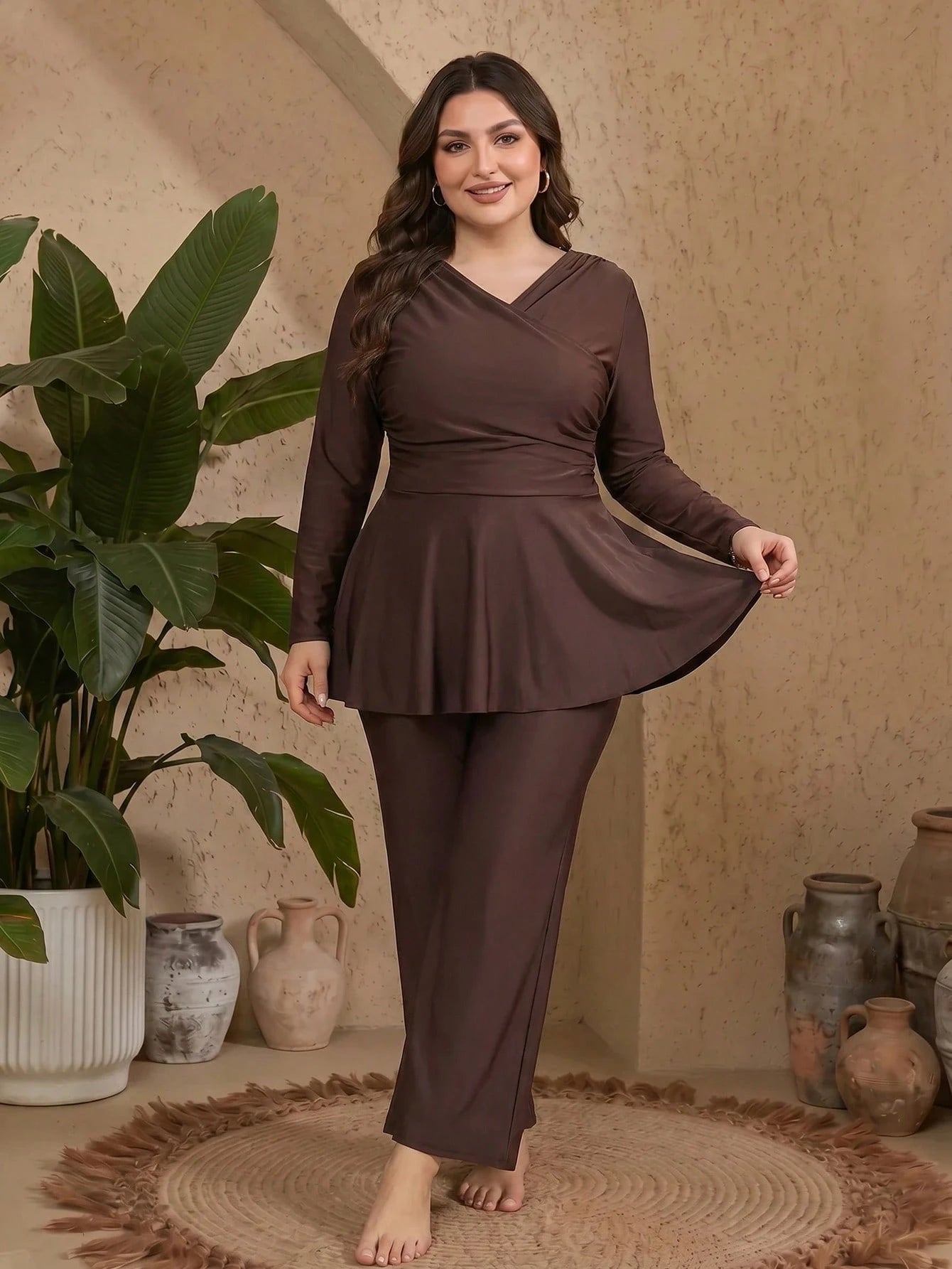 Swim Mulvari 2026 Summer Modest Middle Eastern Style 2-Piece Swimsuit,Beach Long Sleeve Detachable Padded Front Pleated Swimskirt & Wide Leg Swimwear Set