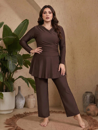 Swim Mulvari 2026 Summer Modest Middle Eastern Style 2-Piece Swimsuit,Beach Long Sleeve Detachable Padded Front Pleated Swimskirt & Wide Leg Swimwear Set