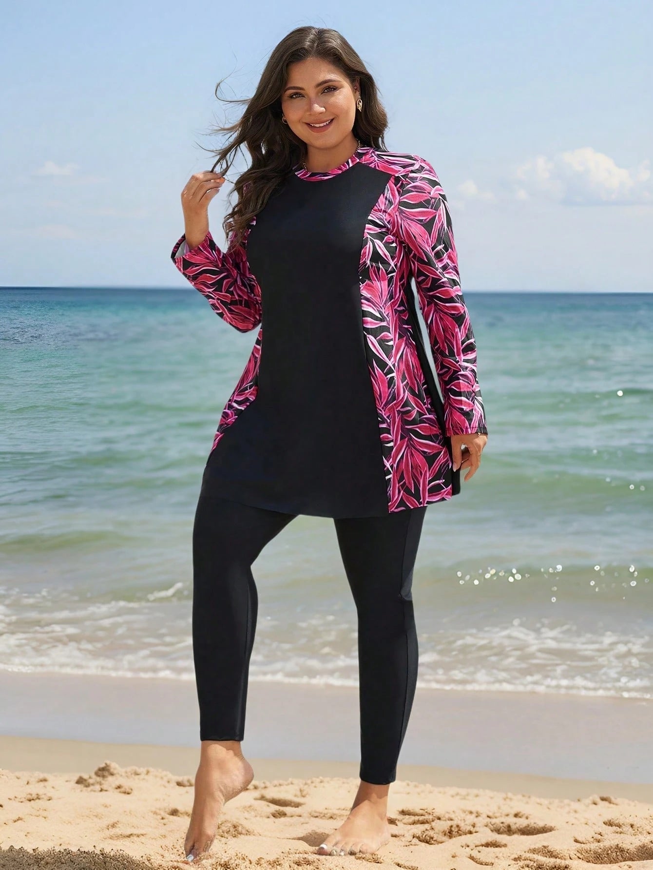 Swim Mulvari 2pcs Plus Size Women's Vacation Beach Burkini Swimwear Set For Summer