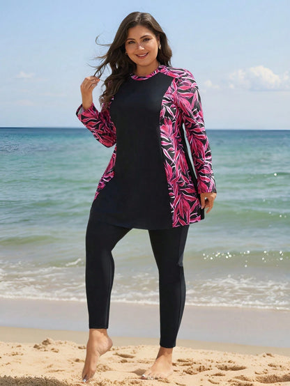 Swim Mulvari 2pcs Plus Size Women's Vacation Beach Burkini Swimwear Set For Summer