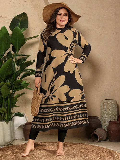 Swim Mulvari Plus Size Women 3pcs/Set Random Print Modest Elegant 1920s Long Sleeve Rash Guard Burkini Swimwear Set Beach Gym Vacation Black White Summer