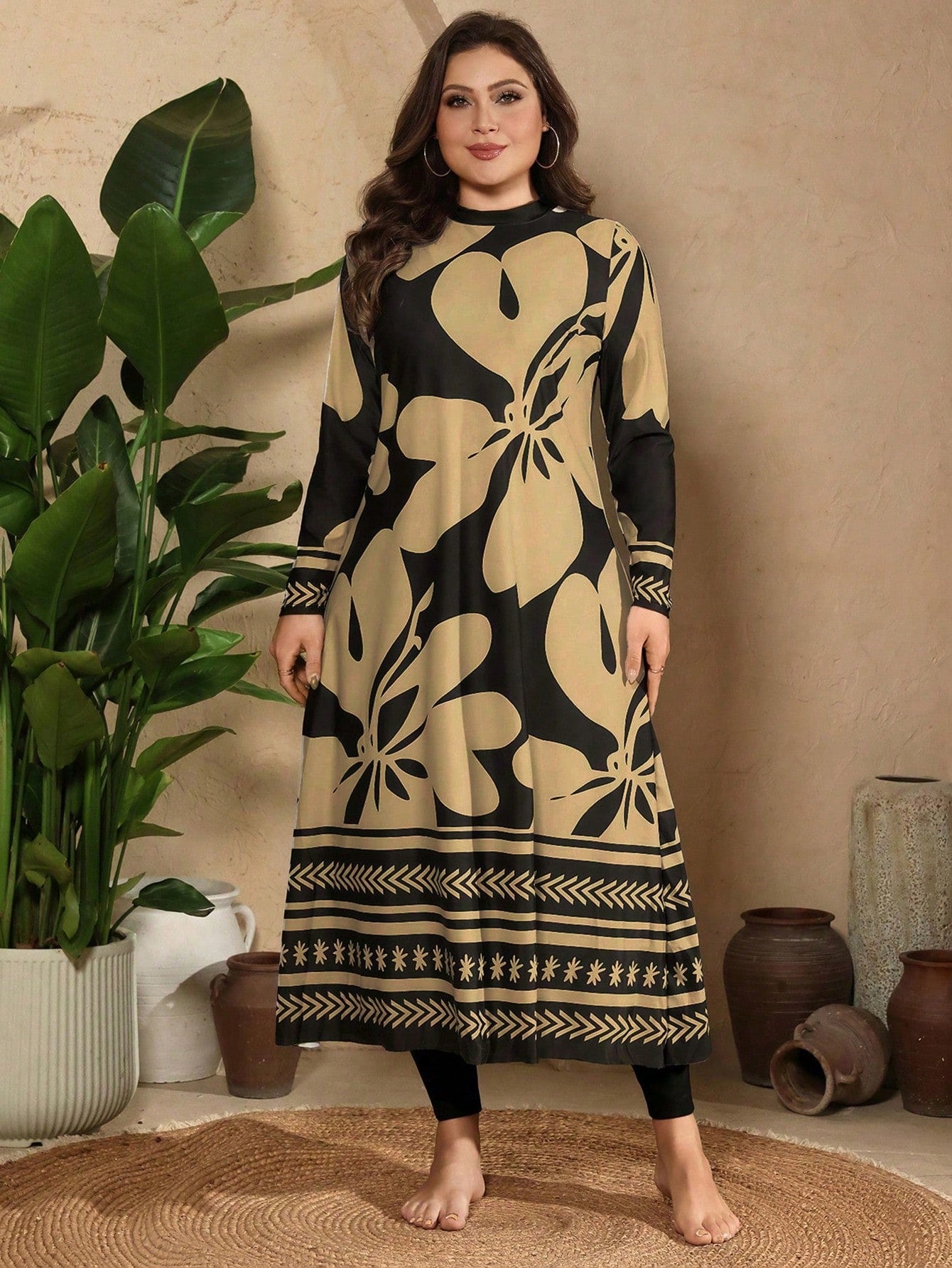 Swim Mulvari Plus Size Women 3pcs/Set Random Print Modest Elegant 1920s Long Sleeve Rash Guard Burkini Swimwear Set Beach Gym Vacation Black White Summer