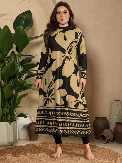 Swim Mulvari Plus Size Women 3pcs/Set Random Print Modest Elegant 1920s Long Sleeve Rash Guard Burkini Swimwear Set Beach Gym Vacation Black White Summer