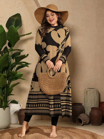 Swim Mulvari Plus Size Women 3pcs/Set Random Print Modest Elegant 1920s Long Sleeve Rash Guard Burkini Swimwear Set Beach Gym Vacation Black White Summer