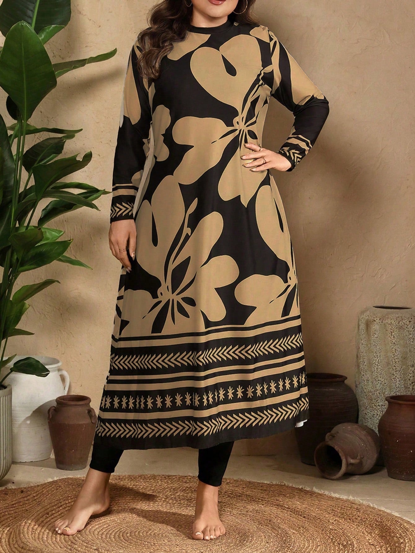 Swim Mulvari Plus Size Women 3pcs/Set Random Print Modest Elegant 1920s Long Sleeve Rash Guard Burkini Swimwear Set Beach Gym Vacation Black White Summer