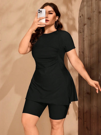 Swim Mulvari Plus Size Women Short Sleeve Burkini Set, Two Pieces Swimsuit, For Summer Beach Vacation Arabic Clothing