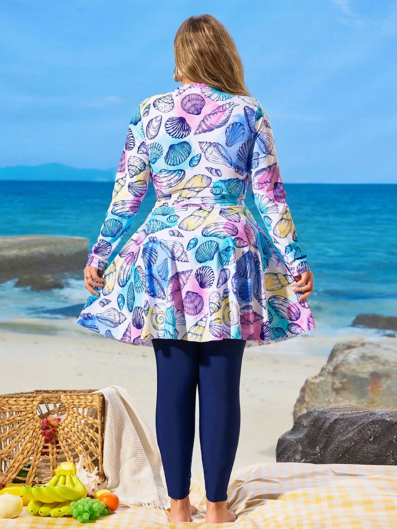 Swim Mulvari Plus Size Women Summer 2 Pieces Modest Swimsuit Long Sleeve And Pants,Middle Eastern Muslim Style,White Ocean Shell Print,Front Zipper,Beach Vacation