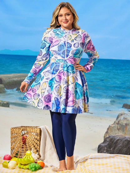 Swim Mulvari Plus Size Women Summer 2 Pieces Modest Swimsuit Long Sleeve And Pants,Middle Eastern Muslim Style,White Ocean Shell Print,Front Zipper,Beach Vacation