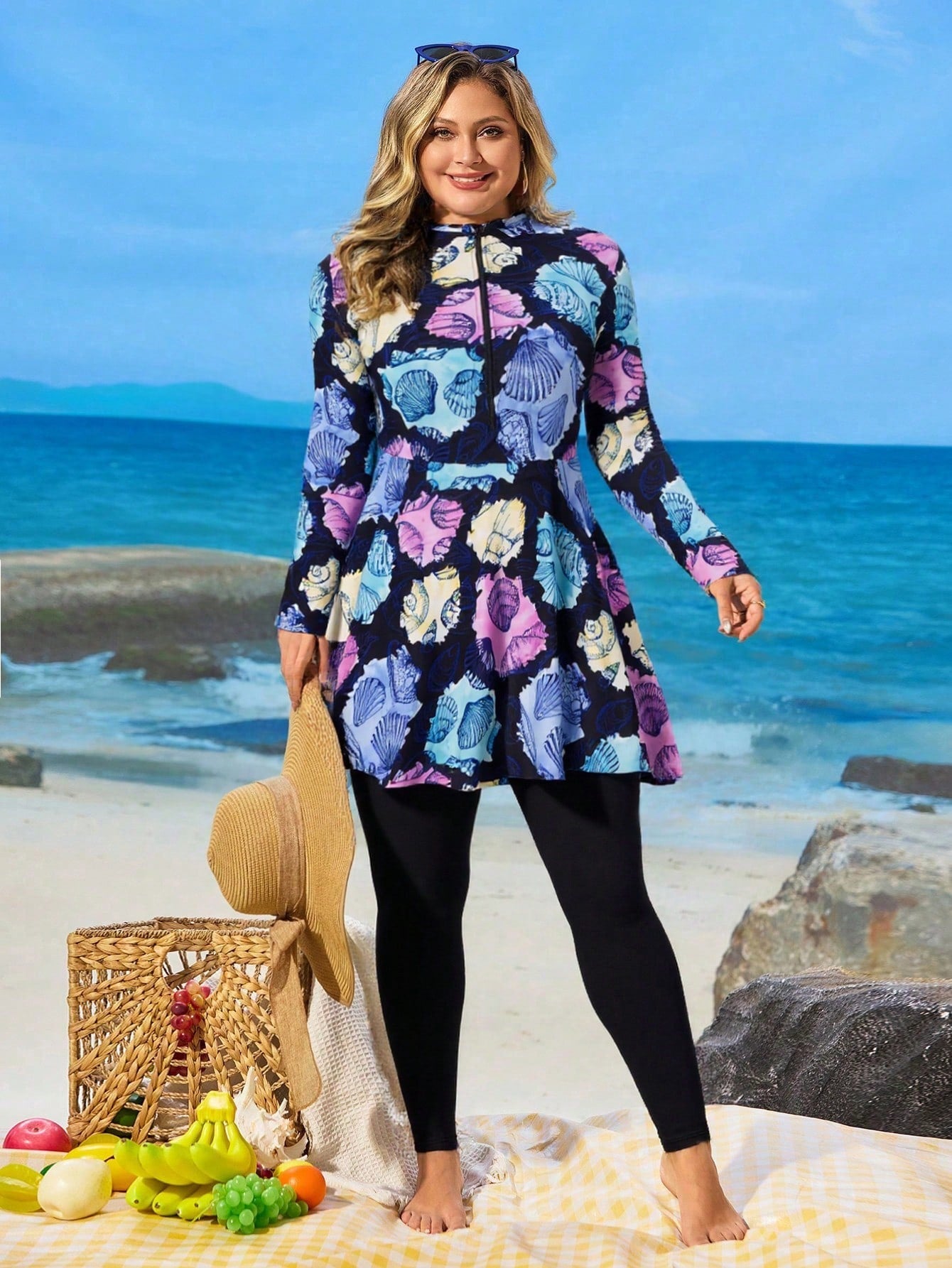 Swim Mulvari Plus Size Women Summer 2 Pieces Modest Swimsuit Long Sleeve And Pants,Middle Eastern Muslim Style,White Ocean Shell Print,Front Zipper,Beach Vacation