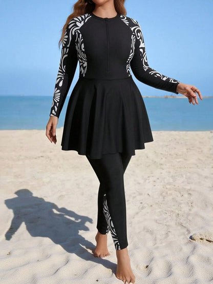 Swim Mulvari Summer Beach Plus Size Geo Print Zip Front Full Body Burkini SwimsuitArabic Clothing