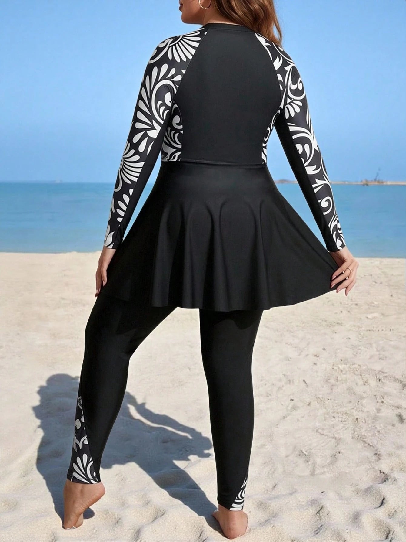 Swim Mulvari Summer Beach Plus Size Geo Print Zip Front Full Body Burkini SwimsuitArabic Clothing