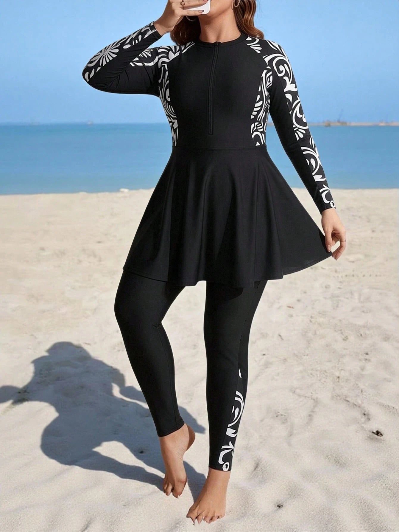 Swim Mulvari Summer Beach Plus Size Geo Print Zip Front Full Body Burkini SwimsuitArabic Clothing