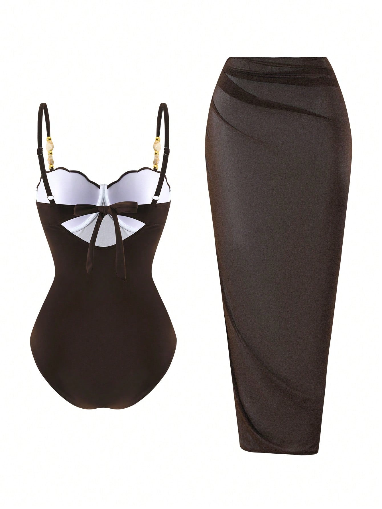 Swim Oasis 2026 Spring/Summer Plus Size Women's Brown Solid Color Fashionable Sexy Hard Cup Design One-Piece Swimsuit + Wrap Skirt High-End Beach Set