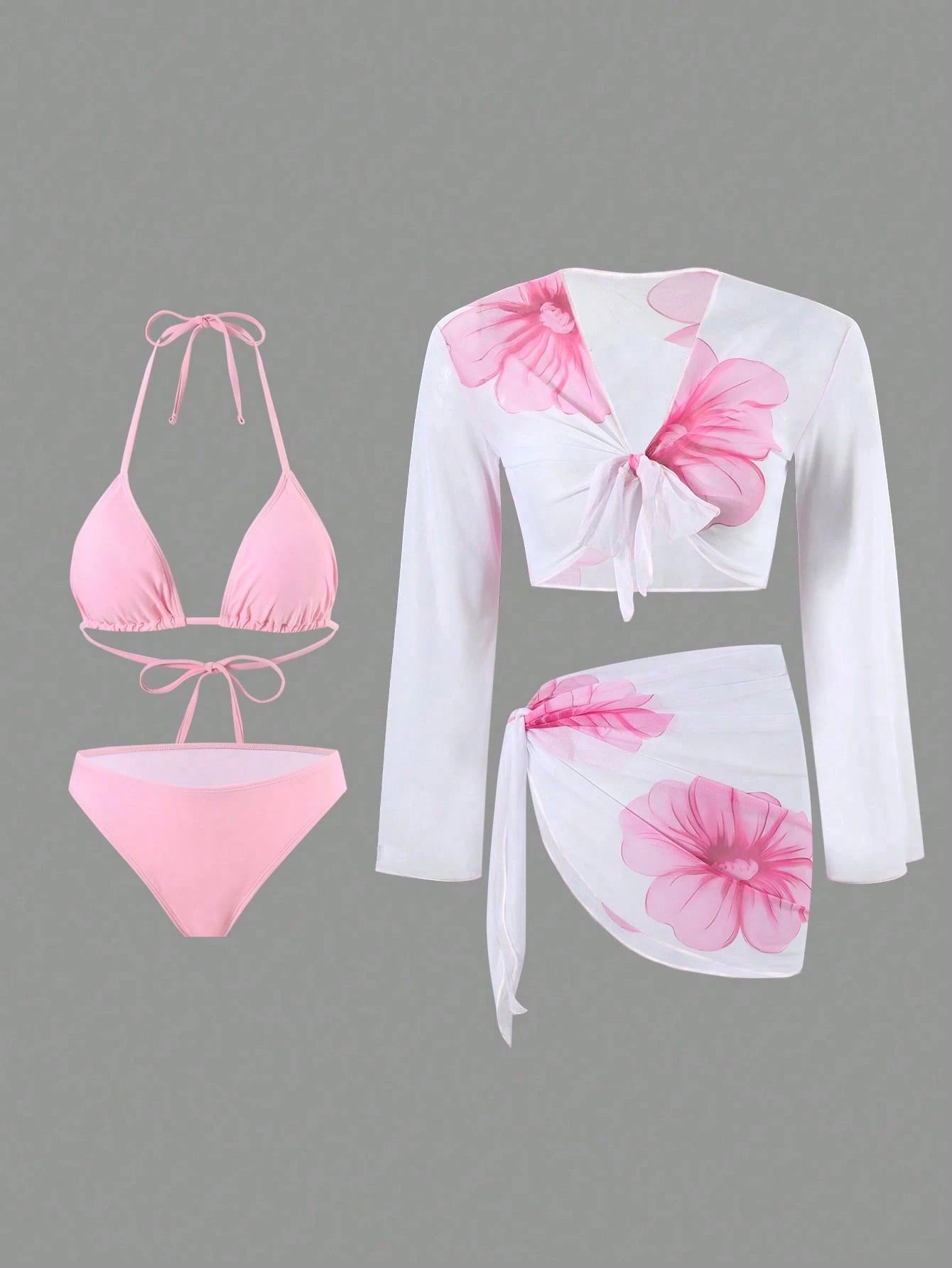 Swim Oasis 4pcs/Set Women Floral Print Swimwear & Beach Outfit, Summer