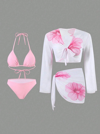 Swim Oasis 4pcs/Set Women Floral Print Swimwear & Beach Outfit, Summer
