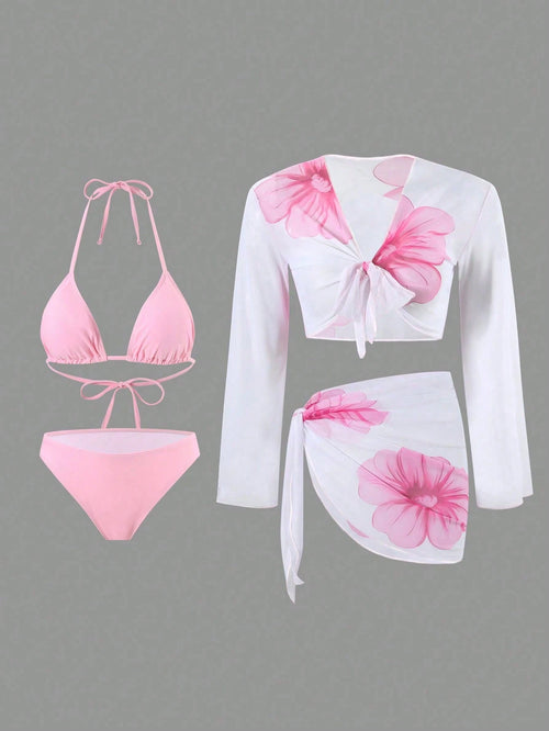 Swim Oasis 4pcs/Set Women Floral Print Swimwear & Beach Outfit, Summer