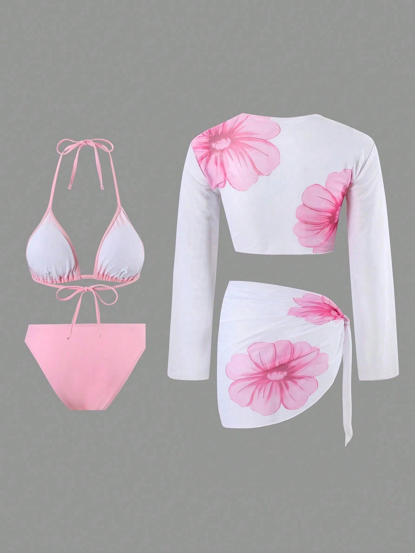 Swim Oasis 4pcs/Set Women Floral Print Swimwear & Beach Outfit, Summer