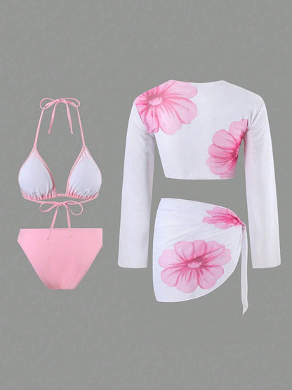 Swim Oasis 4pcs/Set Women Floral Print Swimwear & Beach Outfit, Summer