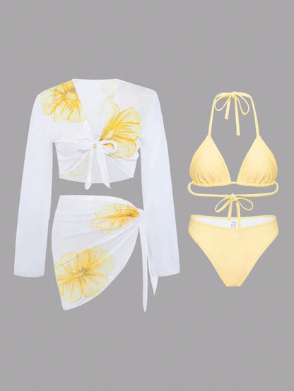 Swim Oasis 4pcs/Set Women Floral Print Swimwear & Beach Outfit, Summer