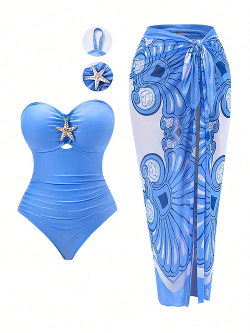Swim Oasis Plus Size One-Piece Casual Vacation Chiffon Skirt Style Two Pieces Swimsuit