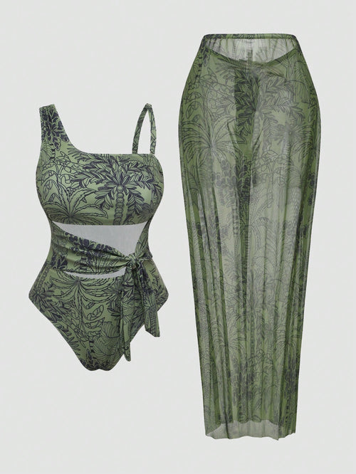 Swim Oasis Plus Size Vacation Style Tankini Swimsuit Set With Sarong Skirt, High Waist Tie Strap Floral Print Swimwear For Beach, Hot Summer Sexy