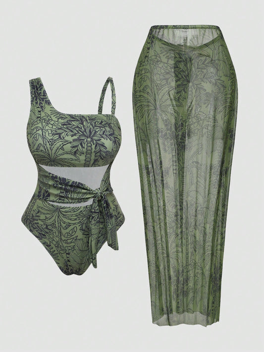 Swim Oasis Plus Size Vacation Style Tankini Swimsuit Set With Sarong Skirt, High Waist Tie Strap Floral Print Swimwear For Beach, Hot Summer Sexy