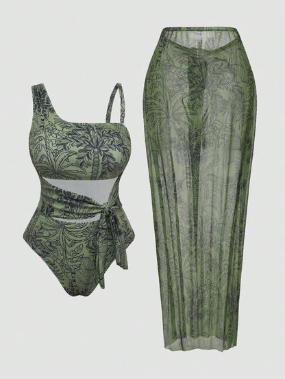 Swim Oasis Plus Size Vacation Style Tankini Swimsuit Set With Sarong Skirt, High Waist Tie Strap Floral Print Swimwear For Beach, Hot Summer Sexy
