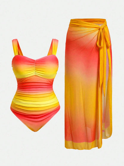 Swim Oasis Plus Size Women 2pcs Gradient Ruched One-Piece Swimsuit