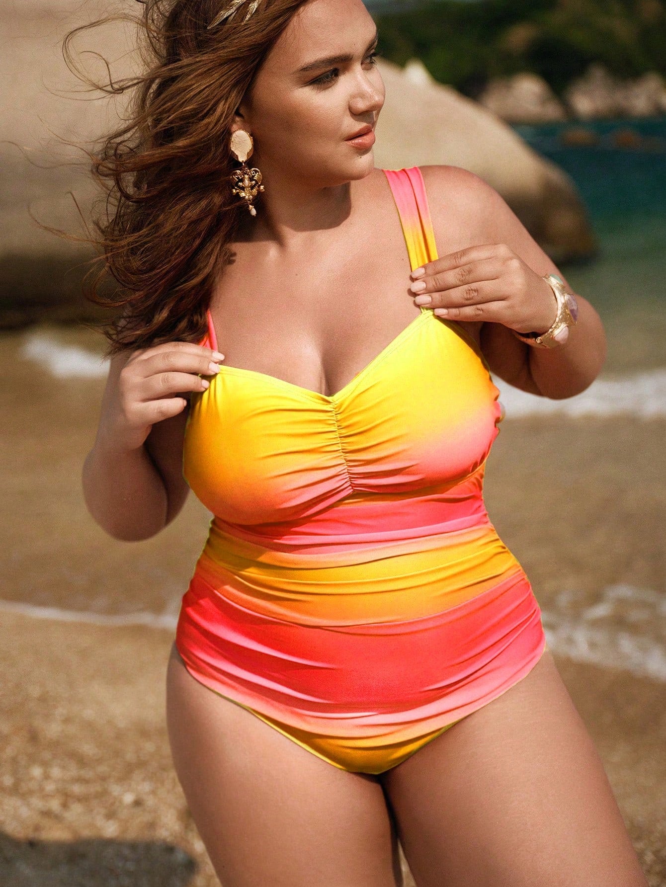Swim Oasis Plus Size Women 2pcs Gradient Ruched One-Piece Swimsuit