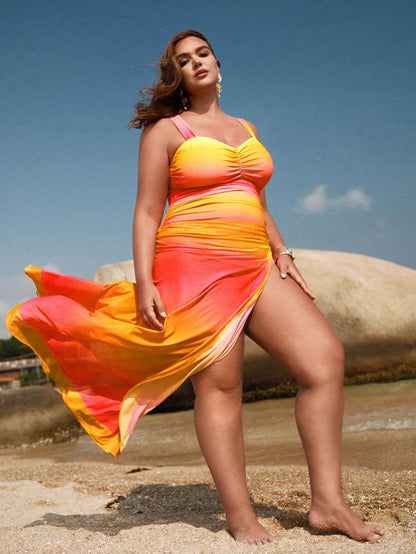 Swim Oasis Plus Size Women 2pcs Gradient Ruched One-Piece Swimsuit