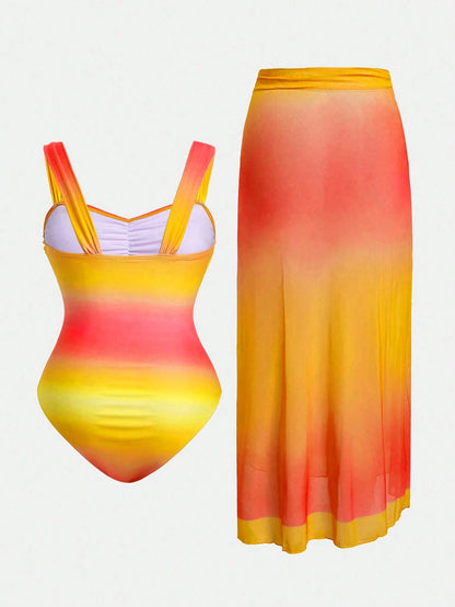 Swim Oasis Plus Size Women 2pcs Gradient Ruched One-Piece Swimsuit