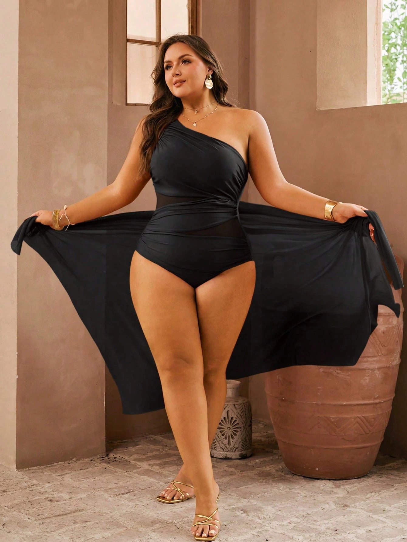 Swim Oasis Plus Size Women's 2pcs/Set One Shoulder Coffee Color Mesh Patchwork Ruched One Piece Swimsuit With Coffee Color Mesh Long Pants, Summer Beach Holiday