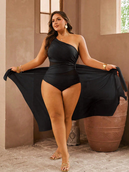 Swim Oasis Plus Size Women's 2pcs/Set One Shoulder Coffee Color Mesh Patchwork Ruched One Piece Swimsuit With Coffee Color Mesh Long Pants, Summer Beach Holiday