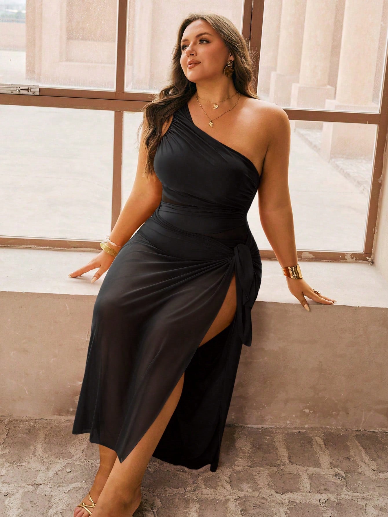 Swim Oasis Plus Size Women's 2pcs/Set One Shoulder Coffee Color Mesh Patchwork Ruched One Piece Swimsuit With Coffee Color Mesh Long Pants, Summer Beach Holiday