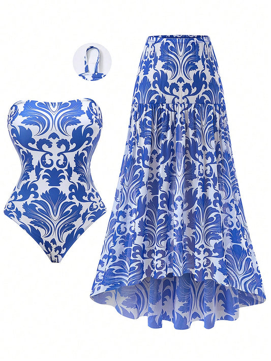 Swim Oasis Plus Size Women Swimsuit, Casual Beach Resort High-End Placement Print Adjustable Strap Tankini Two Pieces Set