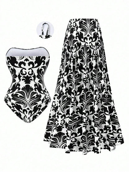 Swim Oasis Plus Size Women Swimsuit, Casual Beach Resort High-End Placement Print Adjustable Strap Tankini Two Pieces Set
