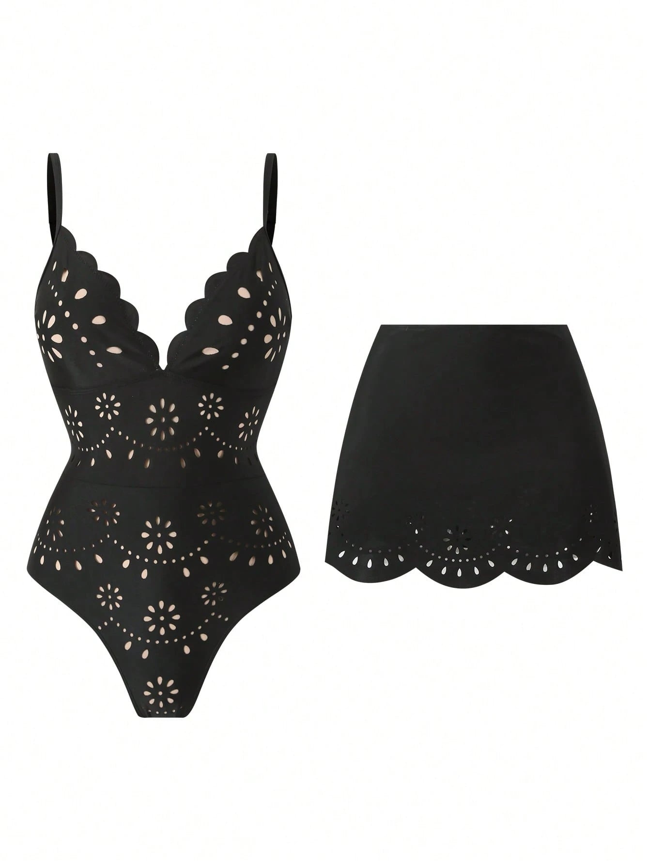 Swim Oasis Solid Color Hollow-Cut Spaghetti Strap Women's One-Piece Hollow Petal Hem Skirt High-End Set