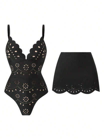 Swim Oasis Solid Color Hollow-Cut Spaghetti Strap Women's One-Piece Hollow Petal Hem Skirt High-End Set